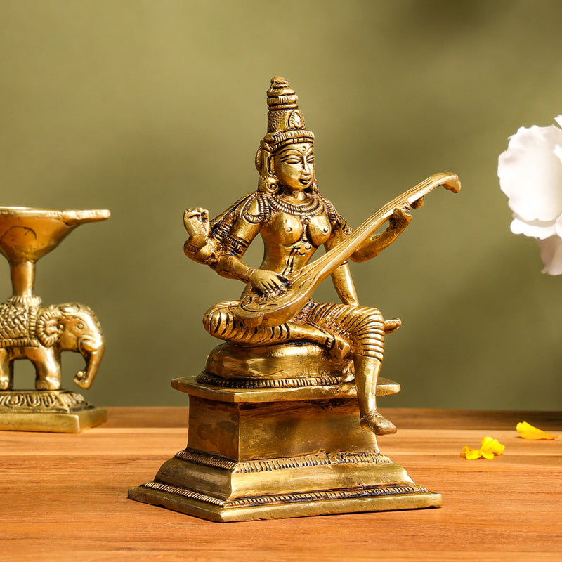 Brass Superfine Goddess Saraswati Idol (5 Inch)