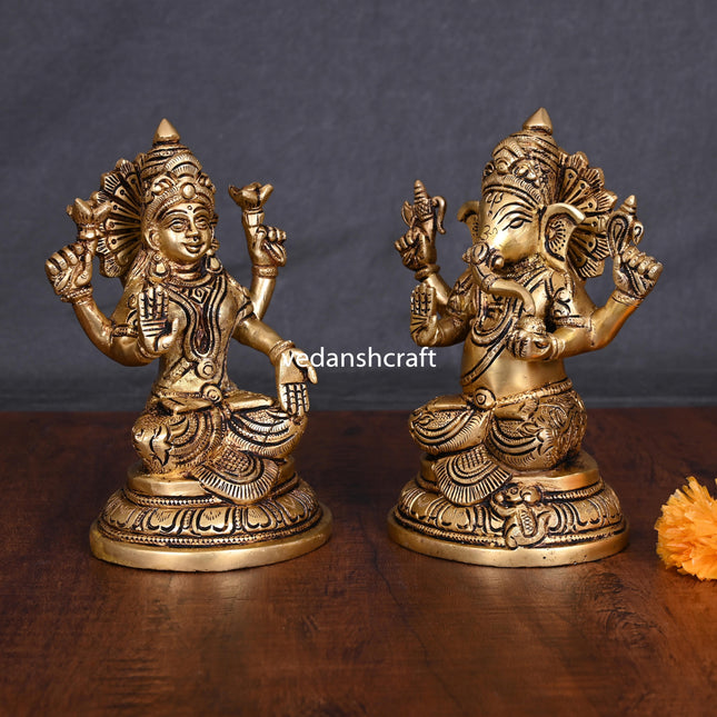 Brass Ganesha And Lakshmi Idols (6.8 Inch)