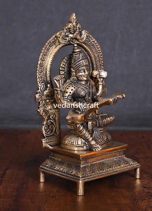 Brass Saraswati On Throne Idol (7.5 Inch)