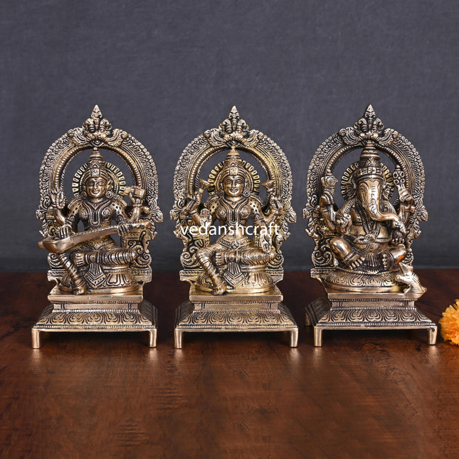 Brass Lakshmi, Ganesha, And Saraswati On Throne Set (7.5 Inch)