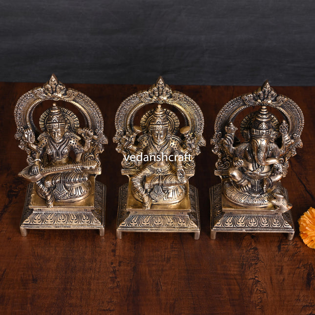Brass Lakshmi, Ganesha, And Saraswati On Throne Set (7.5 Inch)