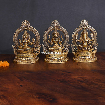 Brass Ganesha Lakshmi Saraswati Set (11.2")