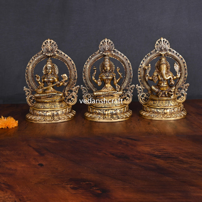 Brass Ganesha Lakshmi Saraswati Set (11.2")