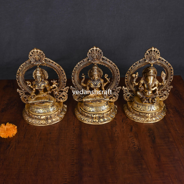 Brass Ganesha Lakshmi Saraswati Set (11.2")