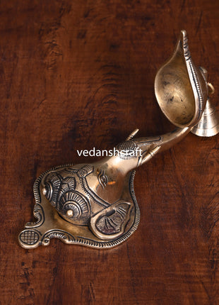 Brass Ganesha Face With Diya & Bell Wall Hanging (10 Inch)