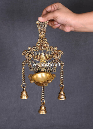 Brass Wall Hanging Lotus Diya With Bell (12.5 Inch)
