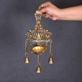 Brass Wall Hanging Lotus Diya With Bell (12.5 Inch)