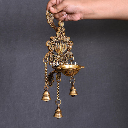 Brass Wall Hanging Lotus Diya With Bell (12.5 Inch)