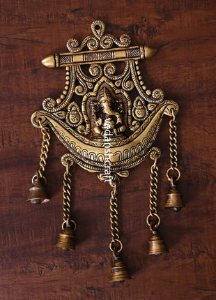 Brass Wall Hanging Ganesha In Frame With Five Bells (13 Inch)