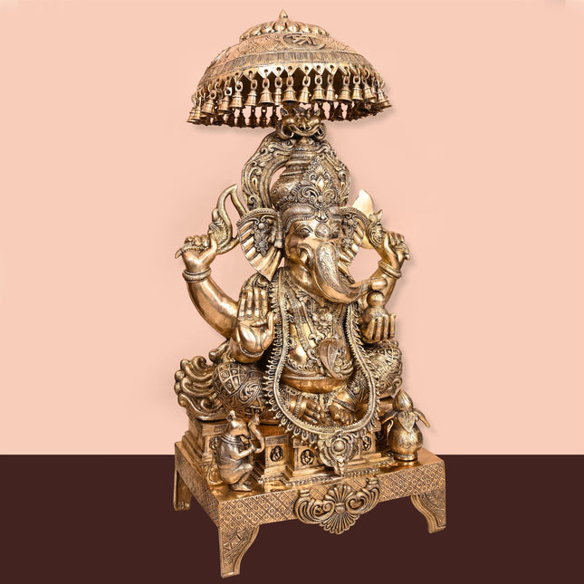 Brass Ganesha On Throne Statue (42.5 Inch)