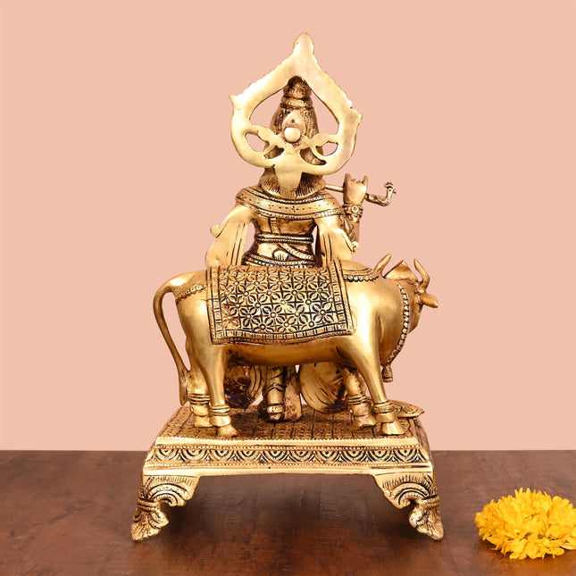 Brass Lord Krishna With Cow Idol (13.5 Inch)