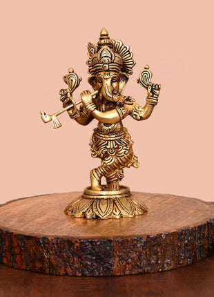 Brass Murli Ganesha Idol (7.5 Inch)