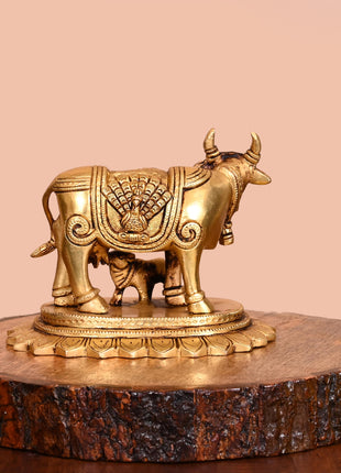 Brass Kamdhenu Cow With Calf Idol (4.5 Inch)