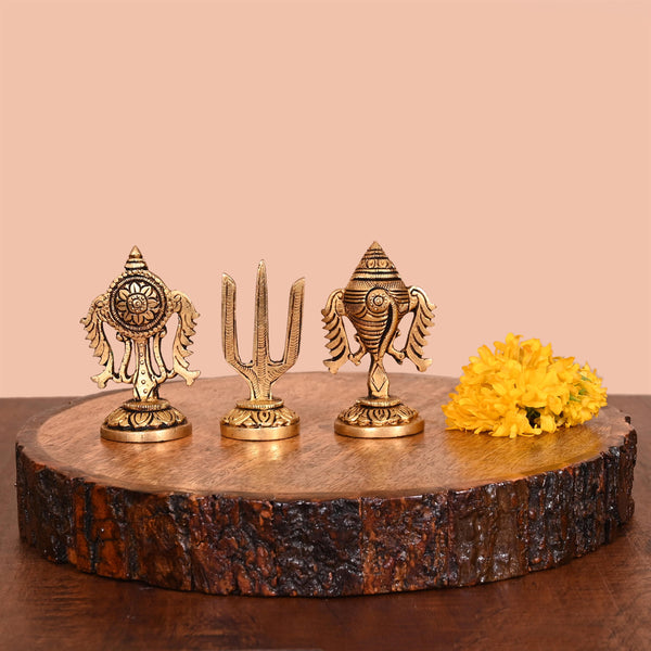 Brass Shankh Chakra And Namah Decor Set (3 Inch)