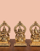 Brass Lakshmi, Ganesha, And Saraswati On Throne Set (8 Inch)