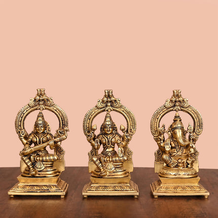 Brass Lakshmi, Ganesha, And Saraswati On Throne Set (8 Inch)