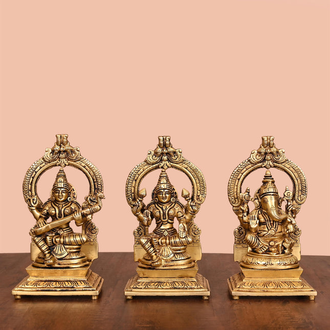 Brass Lakshmi, Ganesha, And Saraswati On Throne Set (8 Inch)