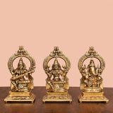 Brass Lakshmi, Ganesha, And Saraswati On Throne Set (8 Inch)