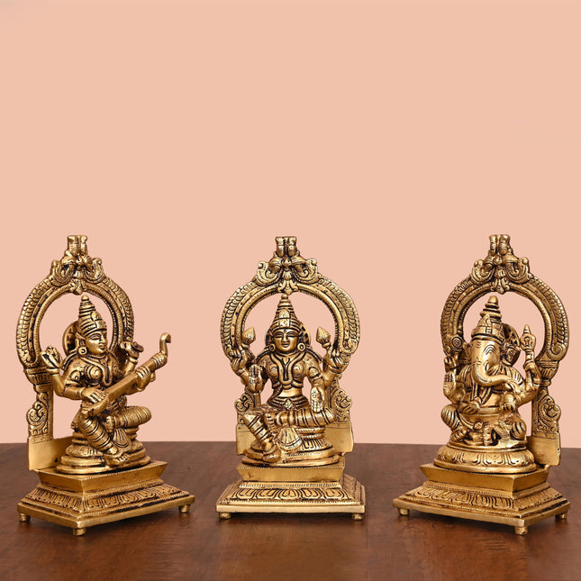Brass Lakshmi, Ganesha, And Saraswati On Throne Set (8 Inch)