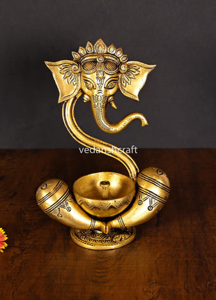 Brass Modern Ganesha Idol With Akhand Diya (8.8 Inch)