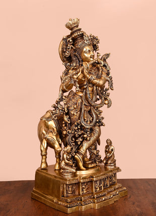 Brass Lord Krishna With Cow Idol (27.5 Inch)
