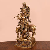 Brass Lord Krishna With Cow Idol (27.5 Inch)