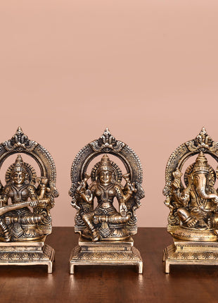 Brass Lakshmi, Ganesha, And Saraswati On Throne Set (7.5 Inch)