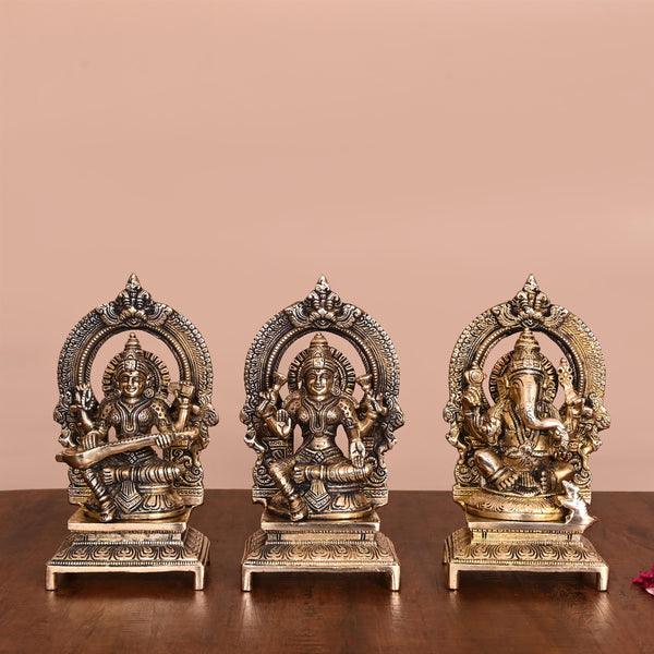 Brass Lakshmi, Ganesha, And Saraswati On Throne Set (7.5 Inch)