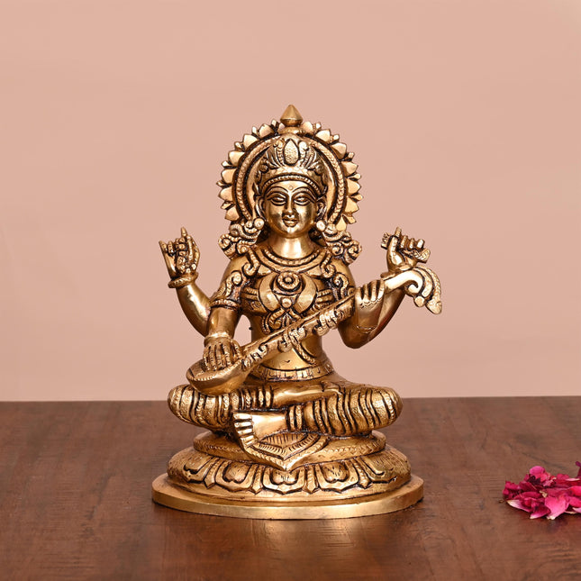 Brass Superfine Goddess Saraswati Idol (7.5 Inch)