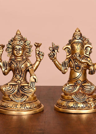 Brass Ganesha And Lakshmi Idols (6.8 Inch)