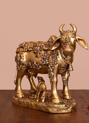 Brass Superfine Cow With Calf Idol (11 Inch)