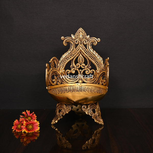 Brass Ethnic Handcarved Diya Lamp (10 Inch)