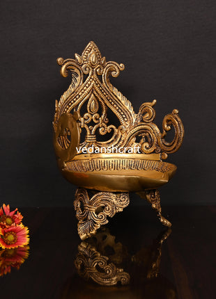 Brass Ethnic Handcarved Diya Lamp (10 Inch)