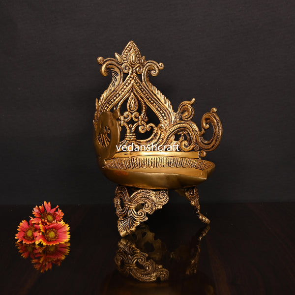 Brass Ethnic Handcarved Diya Lamp (10 Inch)