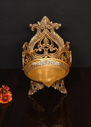 Brass Ethnic Handcarved Diya Lamp (10 Inch)