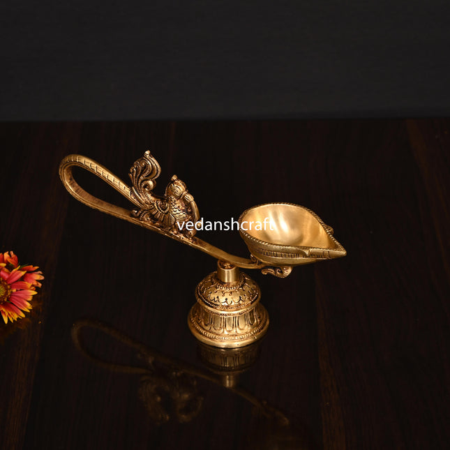 Brass Ethnic Peacock Diya With Bell (4.5 Inch)