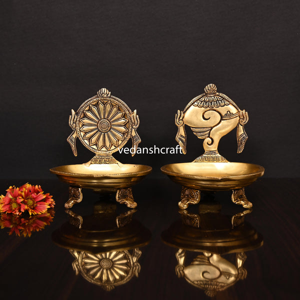 Brass Shankh And Chakra Diya Set (6 Inch)
