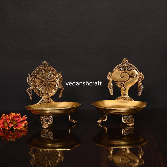 Brass Shankh And Chakra Diya Set (6 Inch)