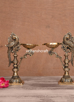 Brass Ethnic Peacock Lamp Pair (7.5 Inch)