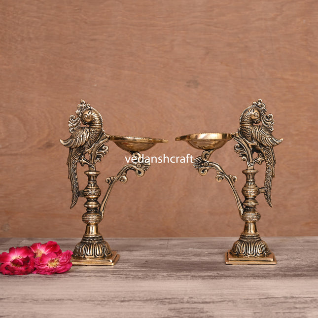Brass Ethnic Peacock Lamp Pair (7.5 Inch)
