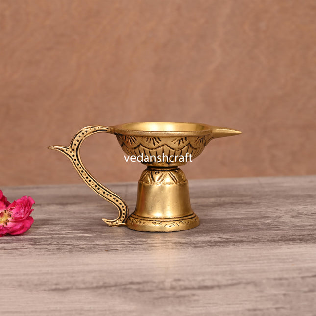 Brass Ethnic Hand carved Diya With Handle (2.5 Inch)