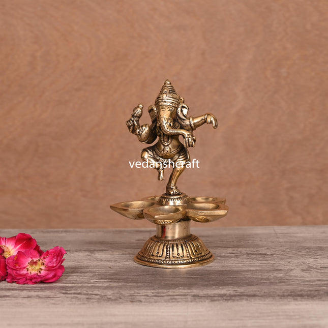 Brass Dancing Ganesha Five Petal Diya (5.5 Inch)