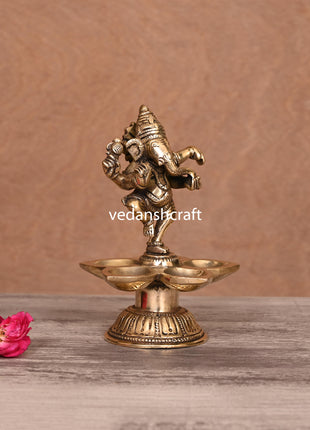 Brass Dancing Ganesha Five Petal Diya (5.5 Inch)