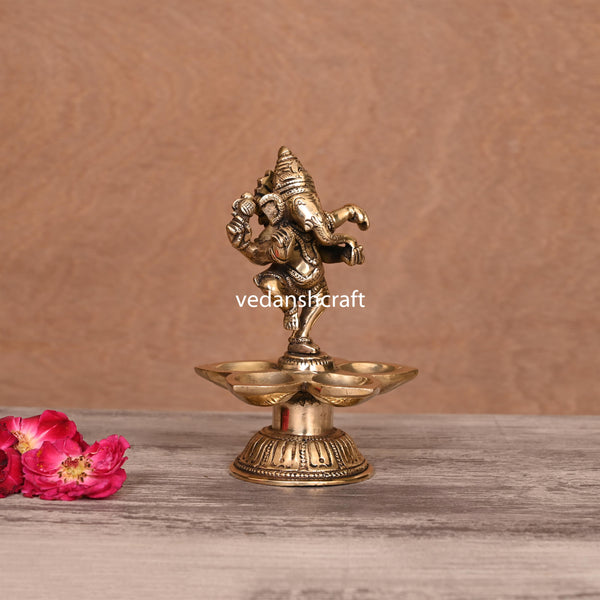 Brass Dancing Ganesha Five Petal Diya (5.5 Inch)