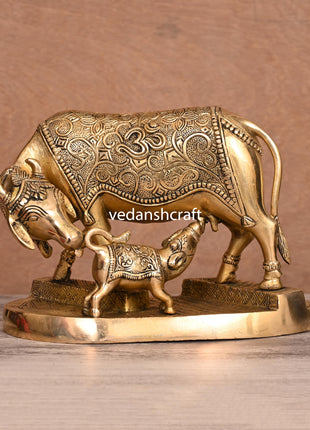 Brass Kamdhenu Cow With Calf Idol (6")