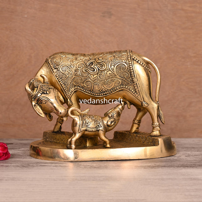 Brass Kamdhenu Cow With Calf Idol (6")