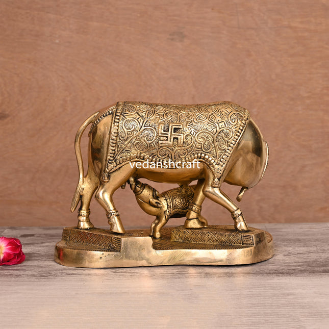 Brass Kamdhenu Cow With Calf Idol (6")