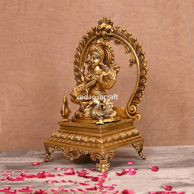 Brass Superfine Saraswati On Throne (14 Inch)