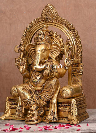 Brass Ganesha On Throne (Singhasan) Idol (16.5")