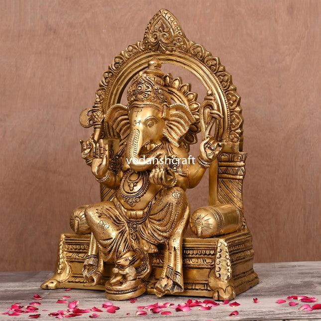 Brass Ganesha On Throne (Singhasan) Idol (16.5")